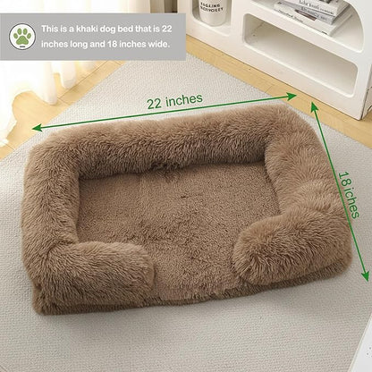 Orthopedic Dog Bed for Medium Dogs - Washable Memory Foam Pet Sofa, Fluffy Plush Rectangular Bed, Waterproof Anti-Anxiety Couch, Khaki, M