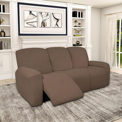 Easy-Going 100% Dual Waterproof Recliner Sofa Cover, 8-Pieces Stretch Relining Couch Cover with Pocket, Jacquard 3 Seat Sofa Slipcover Leakproof Washable (Sofa, Brown)