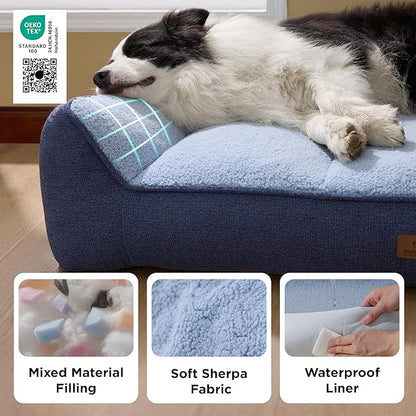 Bedsure SupportMax™ Orthopedic Dog Beds Large Sized Dog - As Seen on TV Extra Thick Supportive Large Dogs Bed with Waterproof Washable Cover, L Plus Comfort Pet Sofa with Soft Sherpa, Navy, 38"