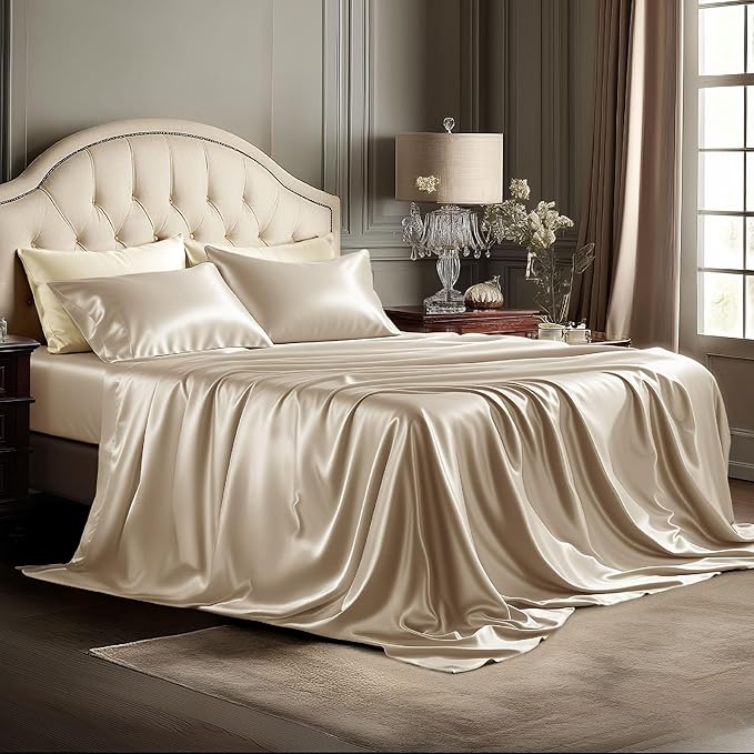 Bedsure Satin Sheets King Size - 4 Piece Silky Bedsheets with 15 Inches Deep Pocket Fitted Bedsheet,1 Flat Sheet, 2 Satin Pillowcases, Good for Hair & Skin (King, Khaki)