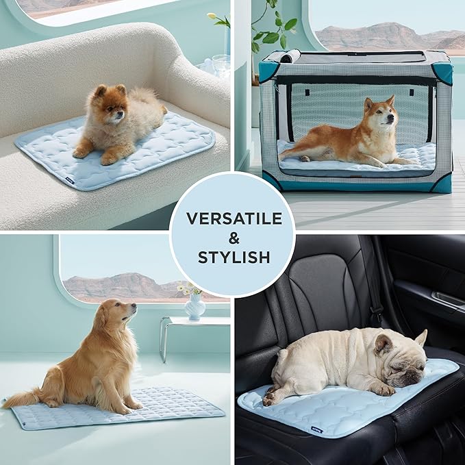 Bedsure Cooling Mat for Medium Dogs, Q-Max>0.5 Thin Breathable Cold Crate Pad for Pet, Portable Washable Kennel Bed for Summer Active Dog with Chill Cool Soothing Fabric to Rapid Cooling, 29x21, Blue
