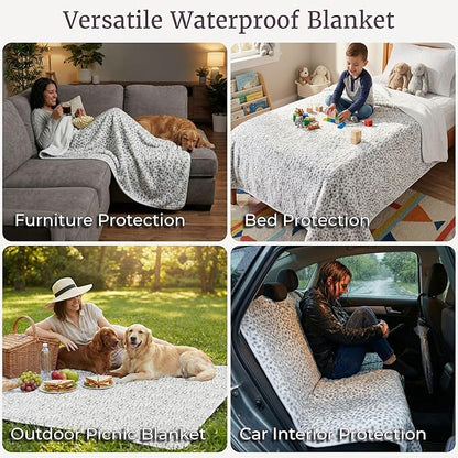 Waterproof Blanket for Bed, Couch, or Car - 60” x 80” Reversible Queen Size Throw Blanket for Reliable Leakproof Furniture Protection - Washable Pet Throws by Lavish Home (Snow Leopard Print)
