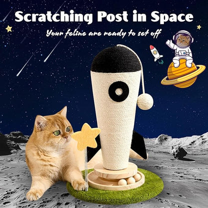 Cat Scratching Post, Rocket Cute Sisal Cat Scratcher with Durable Solid Wood Turntable Toy, Cat Scratch Post Red Cat Scratcher with Spinning Star Toy for Indoor Adult Cats