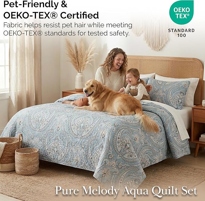 Southshore Fine Living, Inc. Twin XL Comforter Quilt Set, Dorm Bedding Essentials, Stain Resistant, Machine Washable Paisley Boho Bed Spread, Twin XL Quilt Bedspread Set w/Pillow Sham, Paisley Aqua
