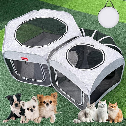 Portable Dog Playpen 2-Room with Tunnel, 3-in-1 Large Cat Crate Play Enclosure with Separate Areas, Foldable Pet Playpen for Puppy Kitten and Small Animals Indoor Outdoor