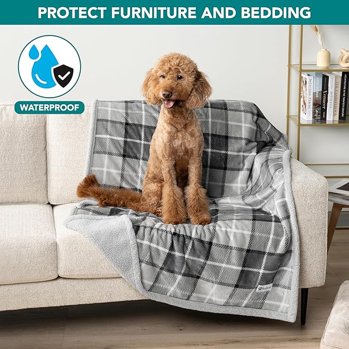 PetAmi Waterproof Dog Blanket for Medium Large XL Dog Puppy Cat Throw for Couch Cover Leakproof Protection, Sherpa Fleece, Reversible Soft Washable 80x60 Plaid Light Gray