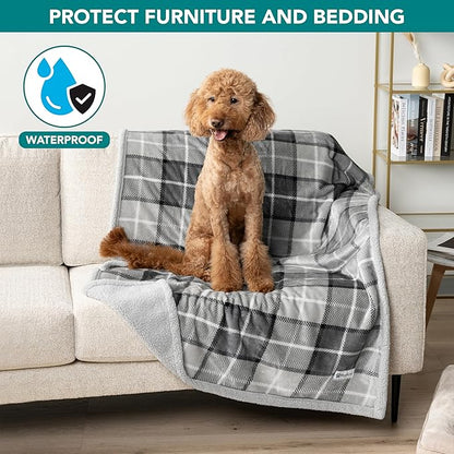 PetAmi Waterproof Dog Blanket for Medium Large XL Dog Puppy Cat Throw for Couch Cover Leakproof Protection, Sherpa Fleece, Reversible Soft Washable 80x60 Plaid Light Gray