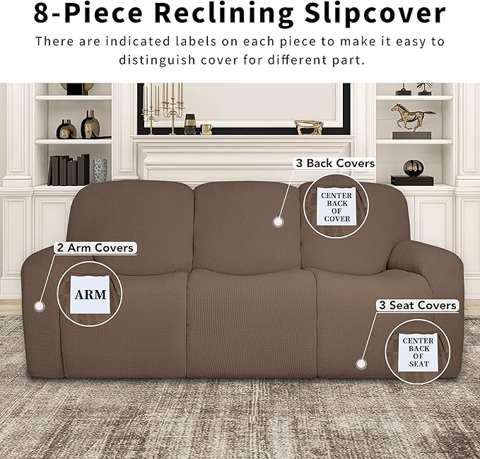Easy-Going 100% Dual Waterproof Recliner Sofa Cover, 8-Pieces Stretch Relining Couch Cover with Pocket, Jacquard 3 Seat Sofa Slipcover Leakproof Washable (Sofa, Brown)