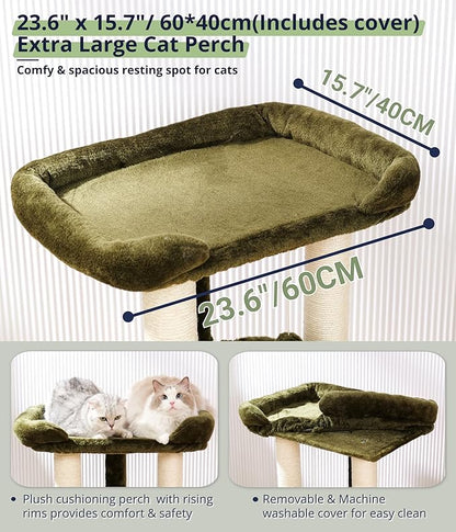 Happi N Pets 28" Cat Tree, Large Bed for Big Cats, Small Cat Tower with Soft Perch for Window Viewing, Stable Cat Tree Tower, Cat Scratching Post with Hammock, Removable Cover-Green