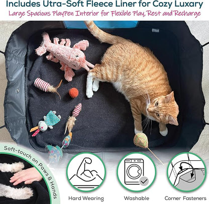 Portable Foldable Dog & Cat Playpen - Indoor Outdoor Travel - Medium Collapsible Pet Play Pen for Small Dogs, Puppies & Kittens - Lightweight Enclosure with Breathable Mesh, Fleece Liner & Carry Bag