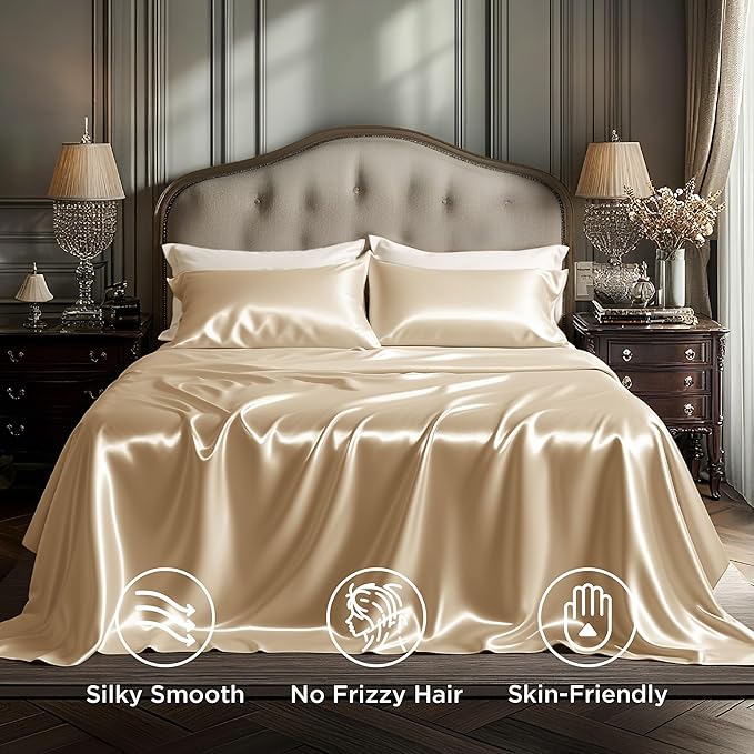 Bedsure Satin Sheets Queen Size - 4 Piece Silky Bedsheets with Elastic Corner Straps and 15 Inches Deep Pocket Fitted Bedsheet,1 Flat Sheet, 2 Satin Pillowcases, Good for Hair & Skin (Queen,Champagne)