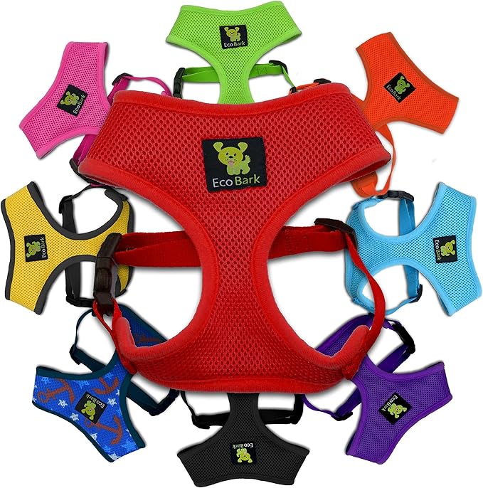 EcoBark Dog Harness - Eco-Friendly Max Comfort Harnesses - Luxurious Soft Mesh Halter - Over The Head Harness Vest- No Pull and No Choke for Puppy, Small Breeds & Medium Dogs (Large, Red)