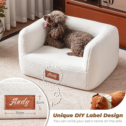 White Faux Shearling Dog Couch Bed for Small Dogs Cats Under 35 lbs, 25.6 Inch Modern Elevated Cat Sofa with Leather Nameplate, Indoor Furniture Style Cute Raised Pet Sofa Bed (Small)