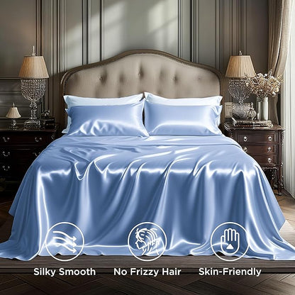 Bedsure Satin Sheets Queen Size - 4 Piece Silky Bedsheets with 15 Inches Deep Pocket Fitted Bedsheet,1 Flat Sheet, 2 Satin Pillowcases, Good for Hair & Skin (Queen, Sky Blue)
