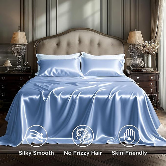 Bedsure Satin Sheets Queen Size - 4 Piece Silky Bedsheets with 15 Inches Deep Pocket Fitted Bedsheet,1 Flat Sheet, 2 Satin Pillowcases, Good for Hair & Skin (Queen, Sky Blue)