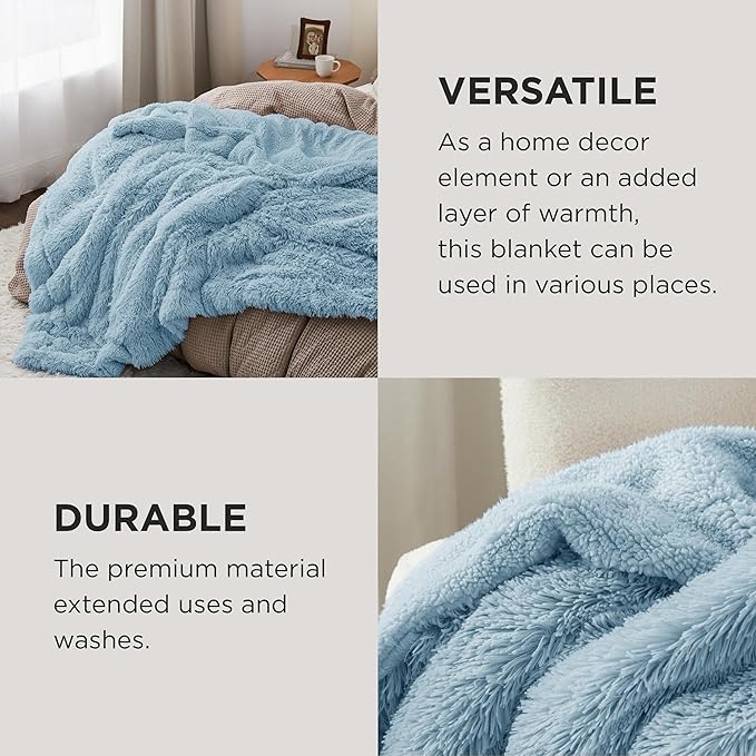 Bedsure GentleSoft Fluffy Light Blue Blankets Queen Size for Bed, Thick Sherpa Faux Fur Fleece Fuzzy Plush Winter Warm Soft Full Queen Blankets, Bedroom Decor Blue Cozy Gifts for Women Men, 90x90