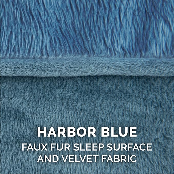 Furhaven Cooling Gel Dog Bed for Medium/Small Dogs w/ Removable Bolsters & Washable Cover, For Dogs Up to 35 lbs - Faux Fur & Velvet Sofa - Harbor Blue, Medium