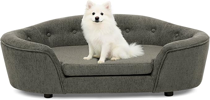 Dog Couch Bed with Oval Semi-Enclosed, Durable Linen Material Pet Sofa with Soft Foam Cushion, Dog Sofa Bed with Legs for Medium Dogs, Dark Grey