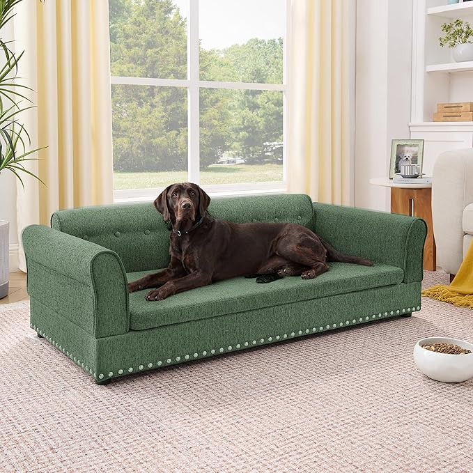 Elevated Dog Sofa for Medium to Large Dogs, Button Tufted Dog Couch Bed with Backrest and Armrests, Durable Memory Foam Pet Bed, Removable Cushion for Medium and Large Dogs, Green