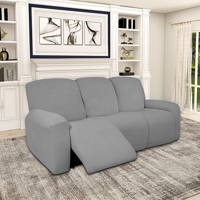 Easy-Going 100% Dual Waterproof Recliner Sofa Cover, 8-Pieces Stretch Relining Couch Cover with Pocket, Jacquard 3 Seat Sofa Slipcover Leakproof Washable (Sofa, Light Gray)
