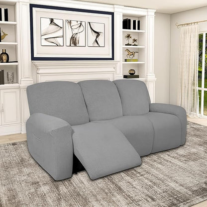 Easy-Going 100% Dual Waterproof Recliner Sofa Cover, 8-Pieces Stretch Relining Couch Cover with Pocket, Jacquard 3 Seat Sofa Slipcover Leakproof Washable (Sofa, Light Gray)