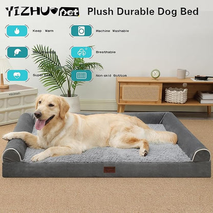 Orthopedic Dog Bed for Large Dogs - Egg Foam Sofa Bed with Waterproof Lining, Removable Washable Cover, Nonskid Bottom - XL 42x30x7.5Inch, Grey