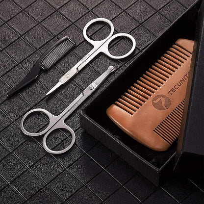 TecUnite 4 Pieces Mustache Scissors Grooming Kit for Men, Beard Trimmer Set, 2 Small Combs and 2 Scissors Beard Trimming Kit with Storage Bag Box