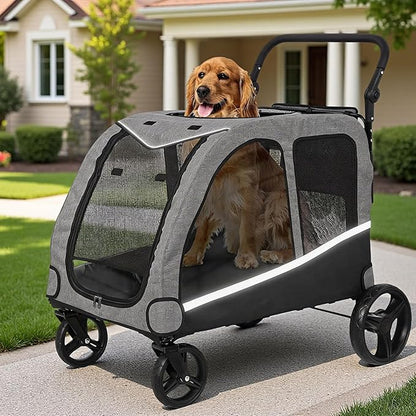 Kepptory Large Dog Stroller for Medium/Large Dogs up to 130 lbs, Foldable Pet Stroller with 4 Wheels, Adjustable Handle, Heavy Duty Dog Carriage for Senior, Disabled, Injured Pets, Grey