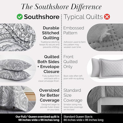 Southshore Fine Living, Inc. Paisley Quilt Bedding Set, Black Quilt Queen Size, Boho Bedspread, Farmhouse Bedding 3-Piece Set with Two Matching Quilted Pillow Shams, Full/Queen Coverlet, Black