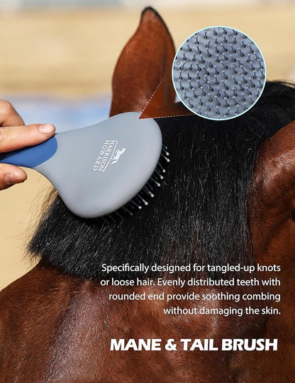 Harrison Howard Horse Grooming Kit 9 Piece with Tote, Non-Slip Silicone Grip Brush Set for Horses, Shedding Bathing Daily Care, Beginner Friendly Deep Blue