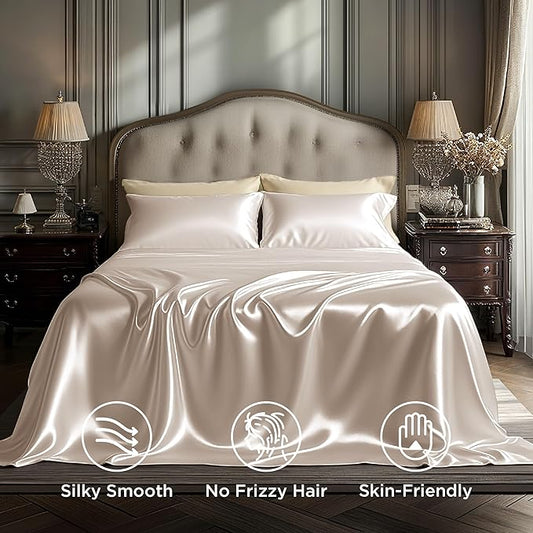 Bedsure Satin Sheets Full Size - 4 Piece Silky Bedsheets with 15 Inches Deep Pocket Fitted Bedsheet,1 Flat Sheet, 2 Satin Pillowcases, Good for Hair & Skin (Full, Beige)