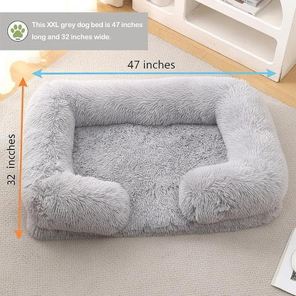 Orthopedic Dog Bed for XXL Dogs - Washable Memory Foam Pet Sofa, Fluffy Plush Rectangular Bed, Waterproof Anti-Anxiety Couch, Light Gray, XXL
