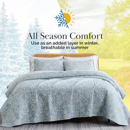 Southshore Fine Living, Inc. Boho Quilt Set, Lightweight Bedspread for Summer, Coverlet King Size, Paisley Bedding Set with Two Matching Pillow Shams, California King Quilts, Blue Paisley Quilt