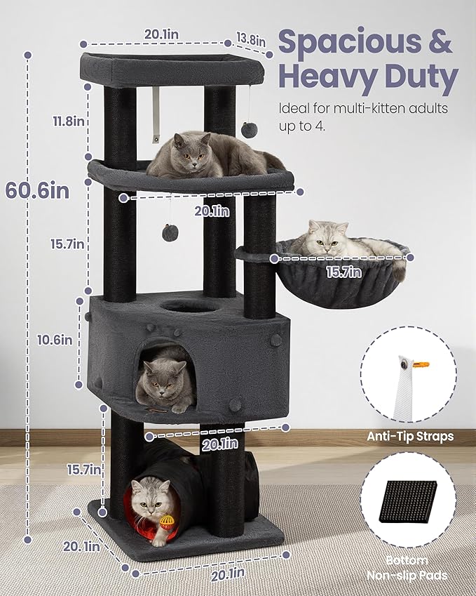 Cat Tree Tower for Large Cats Adult - 60 Inch XXL Sturdy Heavy Duty Extra Wide Scratching Posts (φ4.4in) Condo - Indoor Big Cat House Hammock Perch - XL Wood Multi Level Feline Pet Bed Trees Houses