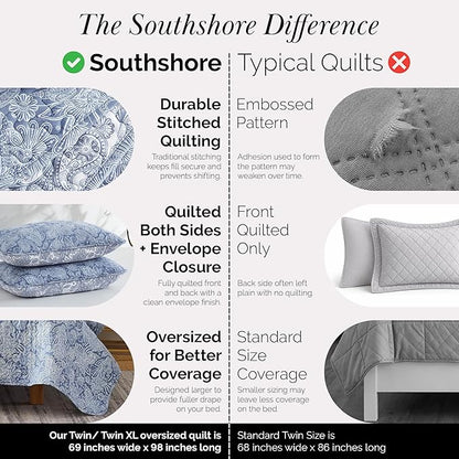 Southshore Fine Living, Inc. Twin XL Quilt Bedding Set, Dorm Bedding Essentials, 2-Sided Reversible, Stain Resistant, Machine Washable Paisley Bedspread, Twin XL Comforter w/Pillow Sham, Paisley Blue