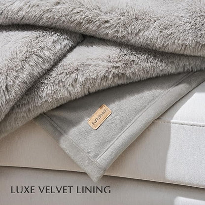 EVERGRACEHOME Luxury Soft Faux Chinchilla Fur Throw Blanket for Couch, Warm Thick Heavy Winter Throw Blanket 1220GSM for Bed, Fluffy Cozy Mink Blanket with Reversible Velvet, Silver Taupe, 60"x80"