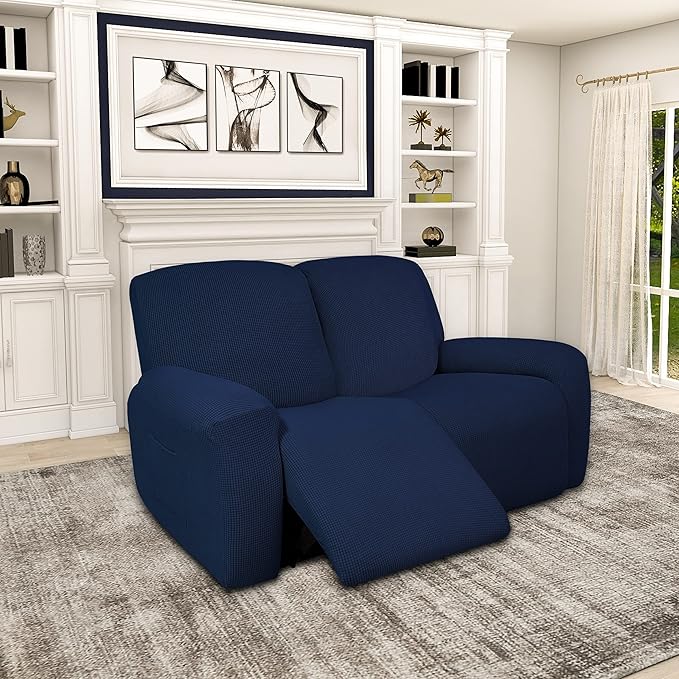 Easy-Going 100% Dual Waterproof Recliner Loveseat Cover, 6-Pieces Stretch Relining Sofa Cover with Pocket, Jacquard 2 Seat Sofa Slipcover Leakproof Washable (Loveseat, Navy)
