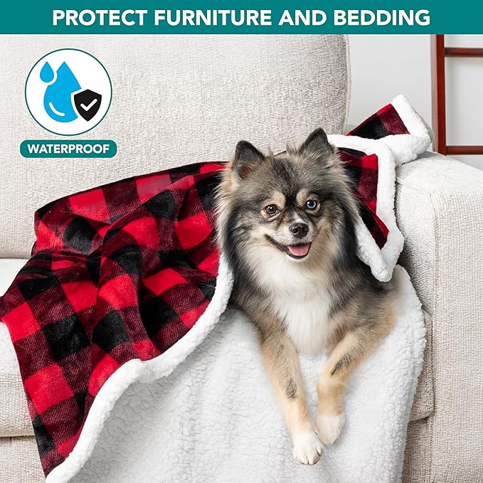 PetAmi Waterproof Dog Blanket for Medium Large Dog Puppy Cat Throw for Couch Cover Leakproof Protection, Sherpa Fleece, Reversible Soft Washable 60x40 Checker Plaid Red