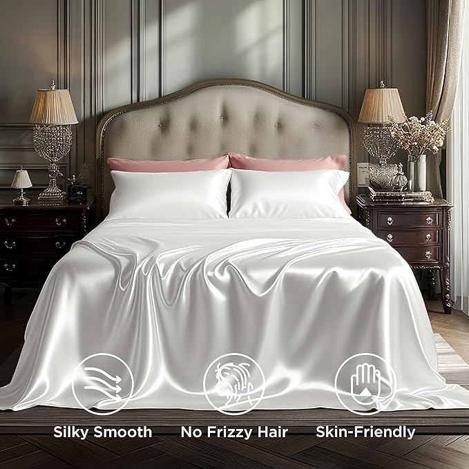 Bedsure White Satin Sheets Queen Size - 4 Piece Silky Bedsheets with 15 Inches Deep Pocket Fitted Bedsheet,1 Flat Sheet, 2 Satin Pillowcases, Good for Hair & Skin (Queen, White)