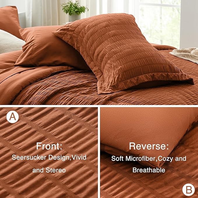 Love's cabin Seersucker Terracotta Twin Comforter Set, 5-Piece All Season Lightweight Bed in a Bag Bedding Set with Comforter, Flat Sheet, Fitted Sheet, Pillowcase and Sham | Soft, Breathable, Lightweight