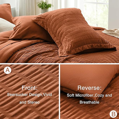 Love's cabin Seersucker Terracotta California King Comforter Set, 7-Piece All Season Lightweight Bed in a Bag Bedding Set with Comforter, Flat Sheet, Fitted Sheet, Pillowcases and Shams | Soft, Breathable, Lightweight
