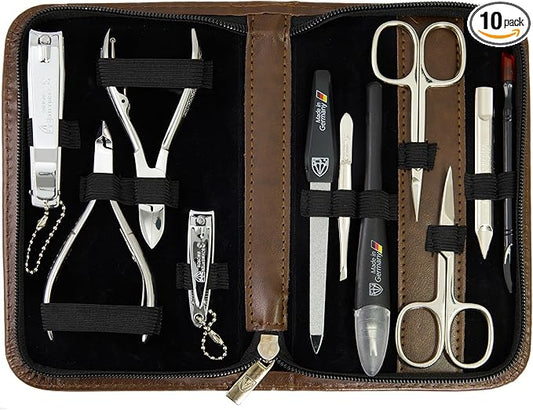 3 Swords Germany - brand quality 10 piece manicure pedicure grooming kit set for nail care scissors clipper brown synthetic leather case - Made by 3 Swords