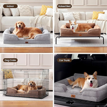 XL Orthopedic Dog Beds for Large Dogs, Waterproof Egg-Crate Foam Pet Couch Bed with Soft Sides, Non-Slip Dog Sofa with Fleece Removable Washable Cover, 42" L Supportive Pet Sofa, Brown