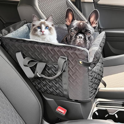 Center Console Dog Car Seat for Small Dogs,Washable Foldable Console Booster Seat for Puppy Car Seat with Safe Protection Hooks Adjustable Straps and Storage Pocket Pet