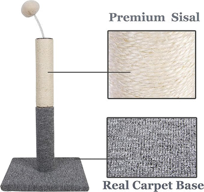 Cat Scratching Post with Carpet Botton Base and Spring Teasing Toy Ball for Indoor Cats and Kittens Grey