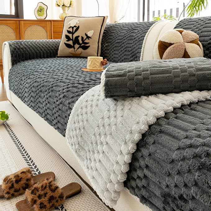 Plush Warm Sofa Covers Washable, Funny Fuzzy Couch Cover for Dogs Washable, Non-Slip Couch Covers for Loveseat, Soft Sofa Slipcover for Pet & Kid(1PC, Dark Grey, 36"×47", Small Loveaeat)