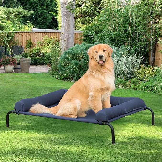 Cooling Elevated Dog Bed for Large Dogs, Outdoor Raised Dog Beds Portable Dogs Cot Bed W/Breathable Mesh, Pet Cots W/Removable Waterproof Bolster