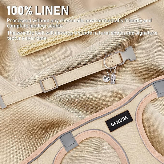 GAMUDA Small Pet Harness Collar and Leash Set, Step in No Chock No Pull Linen Fabric Soft Mesh Dog Vest Harnesses Reflective for Dogs Puppy Cats Kitten Rabbit (Khaki, L)