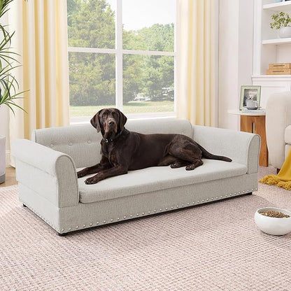 Elevated Dog Sofa for Medium to Large Dogs, Button Tufted Dog Couch Bed with Backrest and Armrests, Durable Memory Foam Pet Bed, Removable Cushion for Medium and Large Dogs, Beige