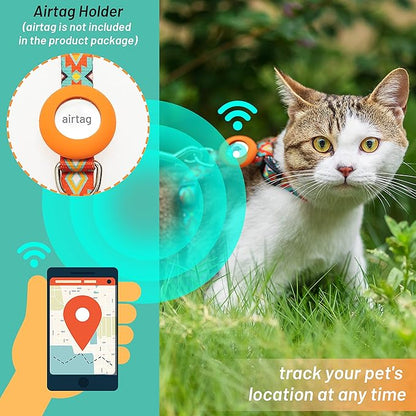 Cat Harness and Leash Escape Proof for Walking Travel Outdoor - Soft Nylon Adjustable Cute Cat Harness Leash Set with Airtag Holder for Small Large Cats